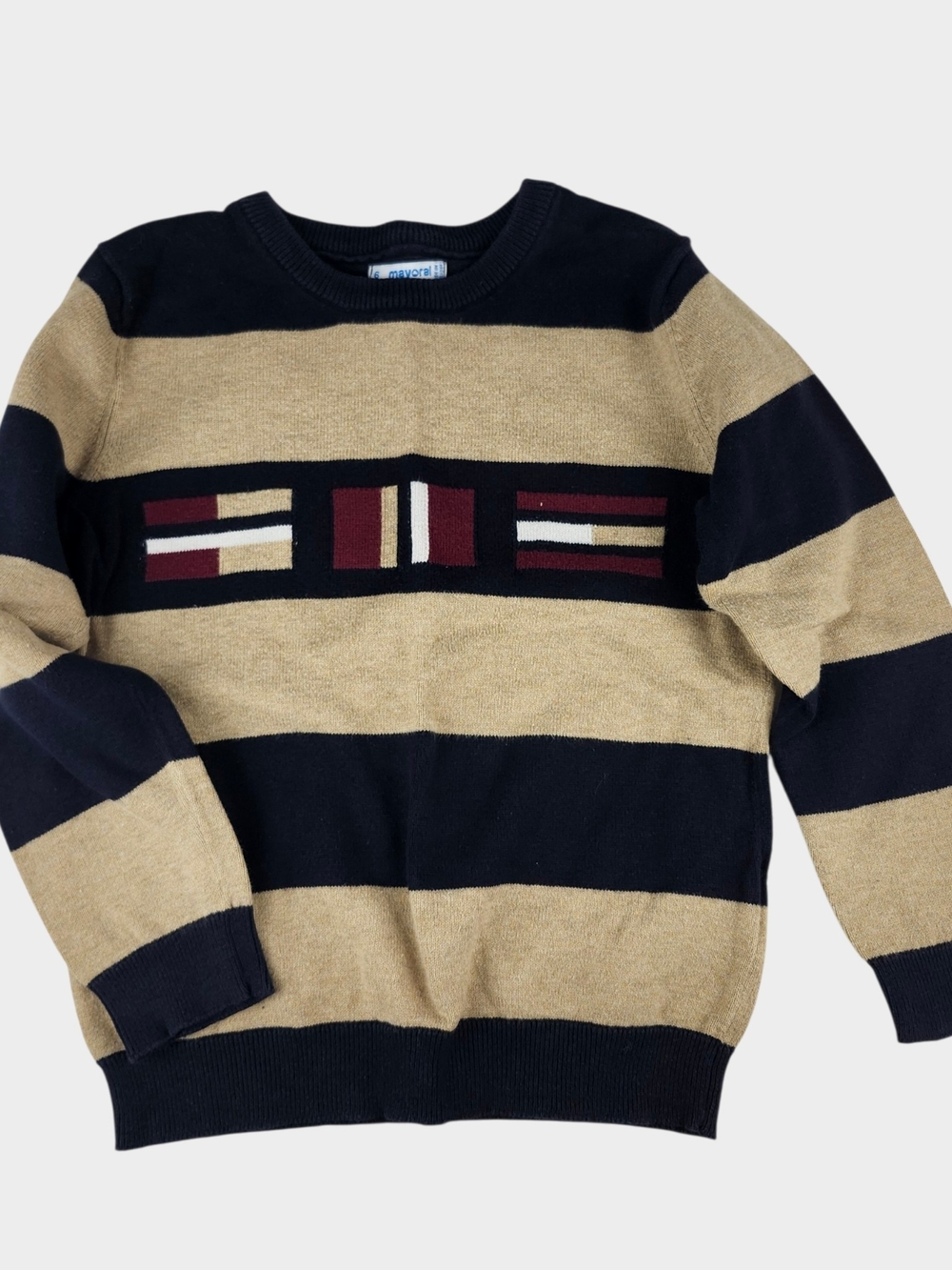 Mayoral Boys Navy & Tan Striped Kids Sweater with Burgundy Detail